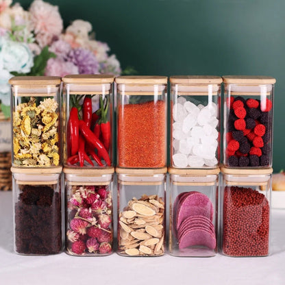 Set of 10 Bamboo Lid Storage Jars for 8oz Spice - Stylish, Airtight Glass Containers - Roots & Rooms