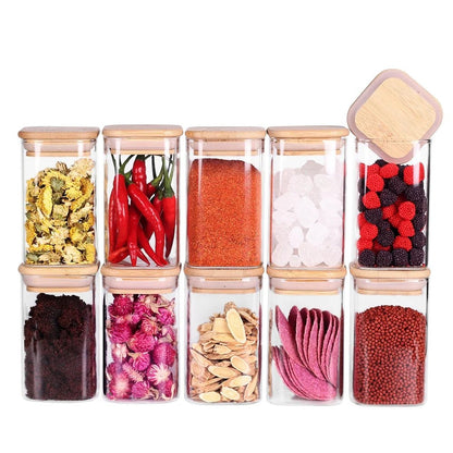 Set of 10 Bamboo Lid Storage Jars for 8oz Spice - Stylish, Airtight Glass Containers - Roots & Rooms