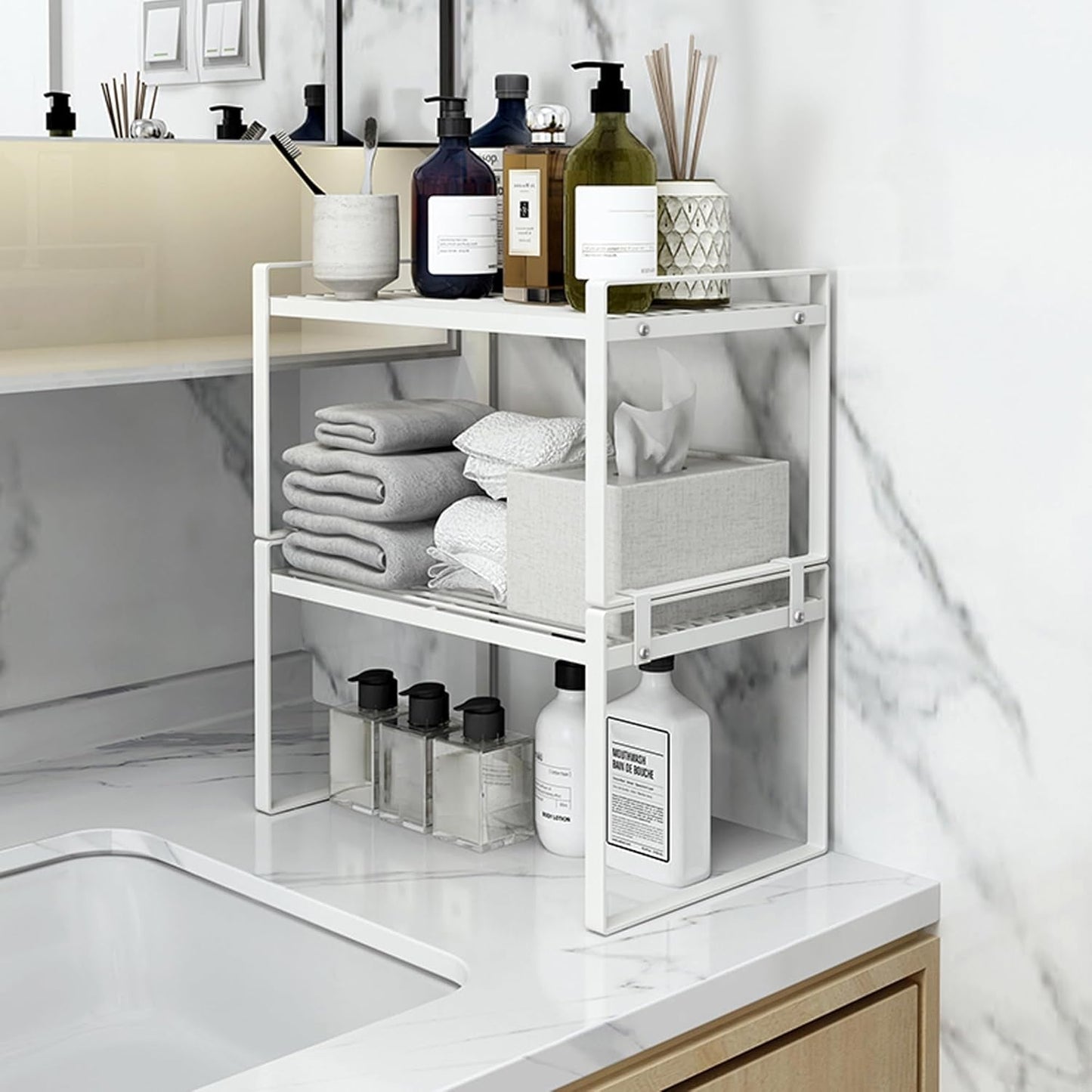 Rust Resistant White Steel Frame Rack - 2 Tier Cabinet Organizer - Roots & Rooms