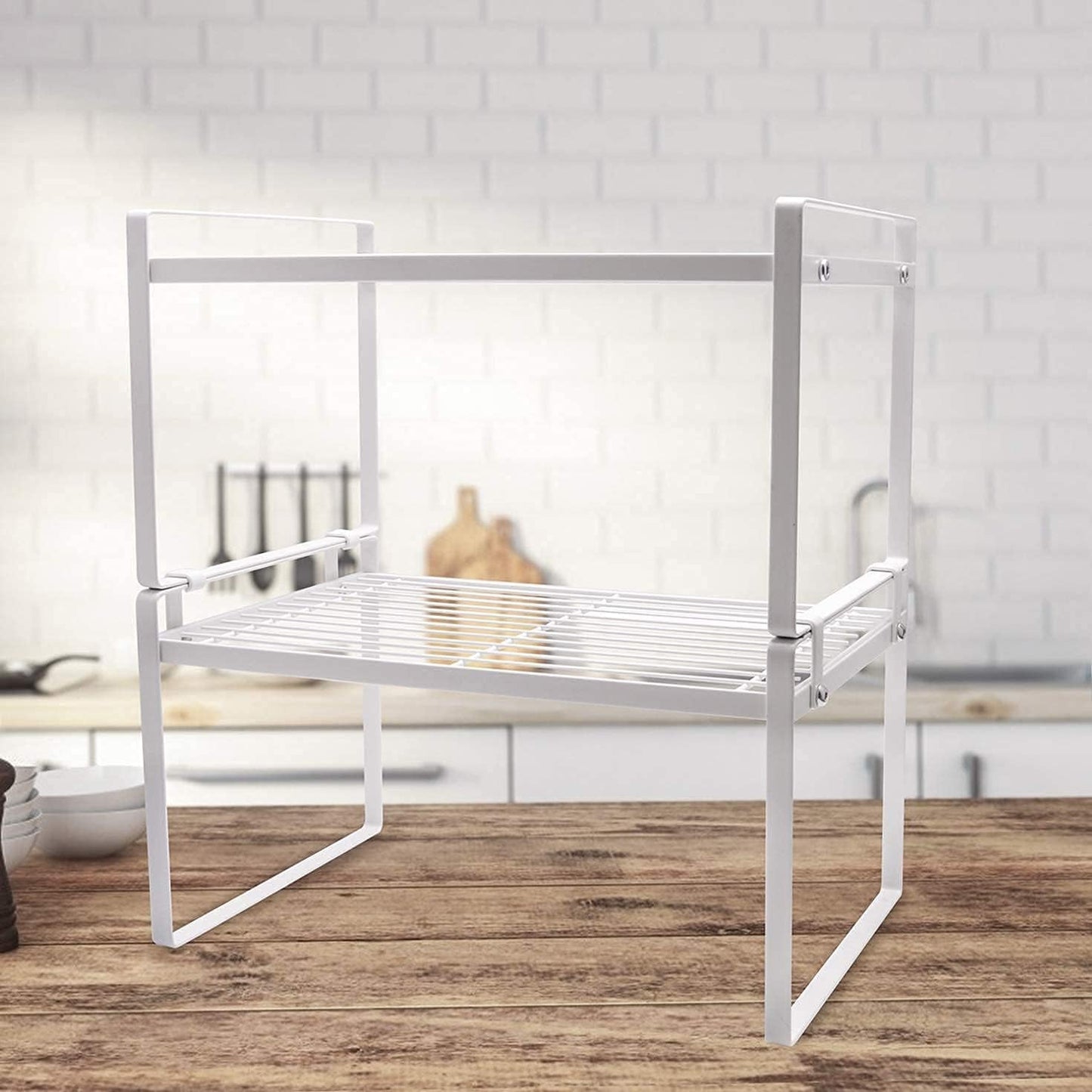 Rust Resistant White Steel Frame Rack - 2 Tier Cabinet Organizer - Roots & Rooms