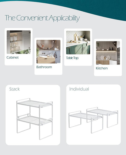 Rust Resistant White Steel Frame Rack - 2 Tier Cabinet Organizer - Roots & Rooms