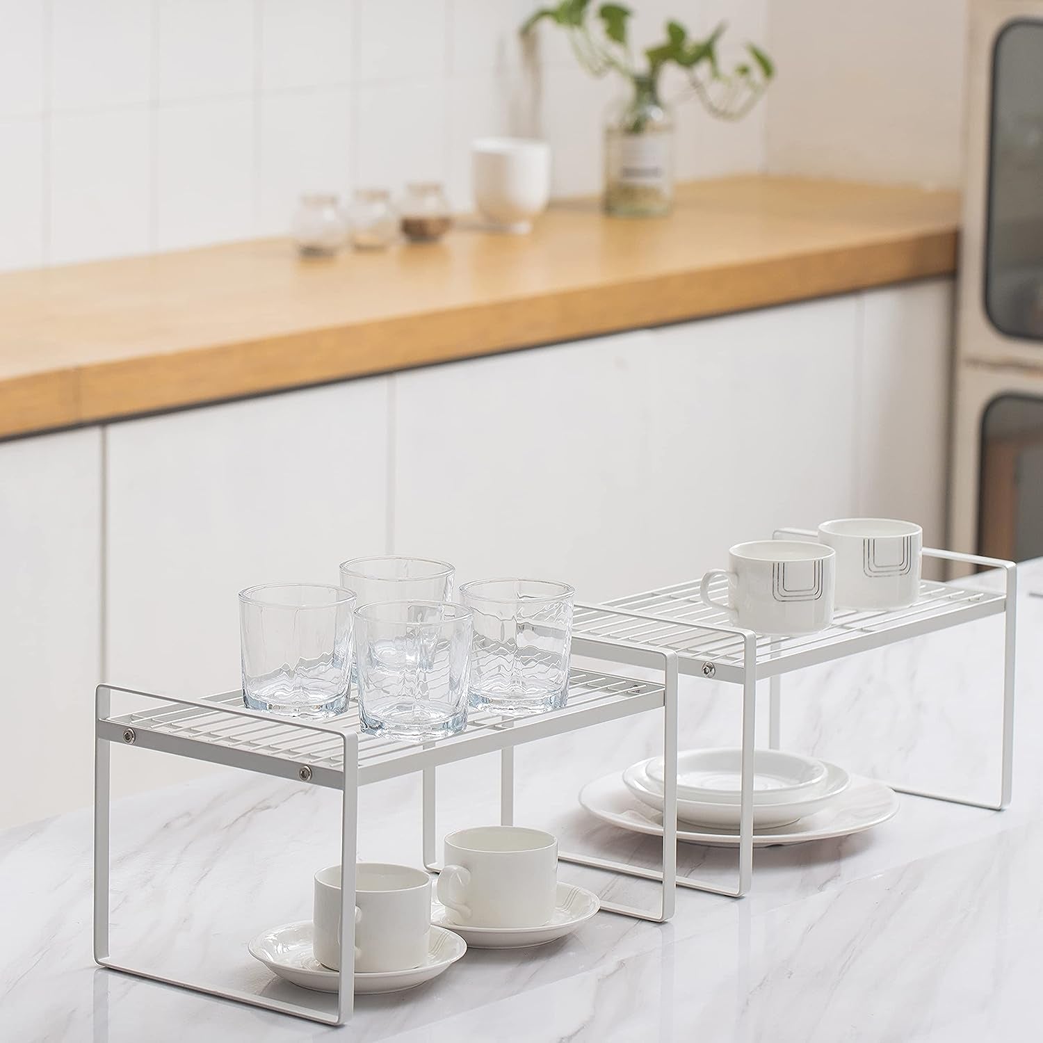 Rust Resistant White Steel Frame Rack - 2 Tier Cabinet Organizer - Roots & Rooms