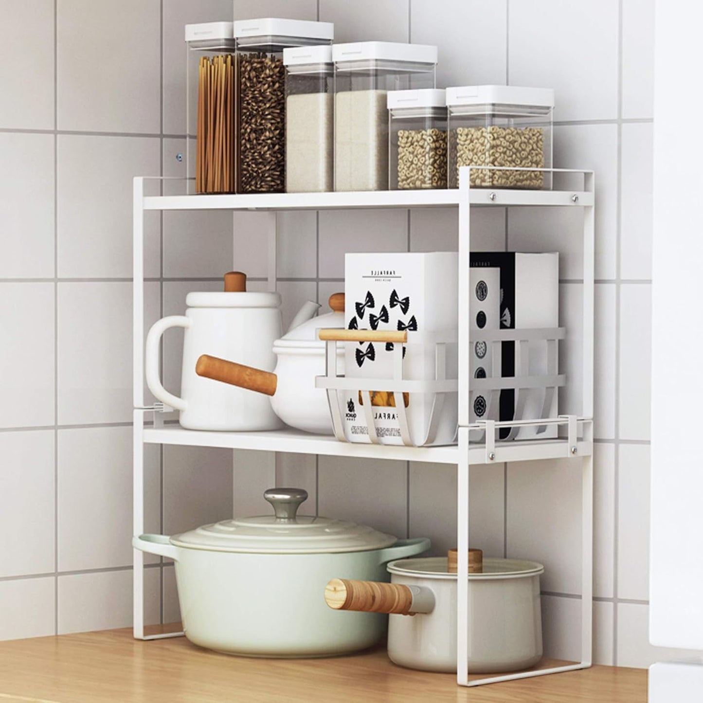 Rust Resistant White Steel Frame Rack - 2 Tier Cabinet Organizer - Roots & Rooms