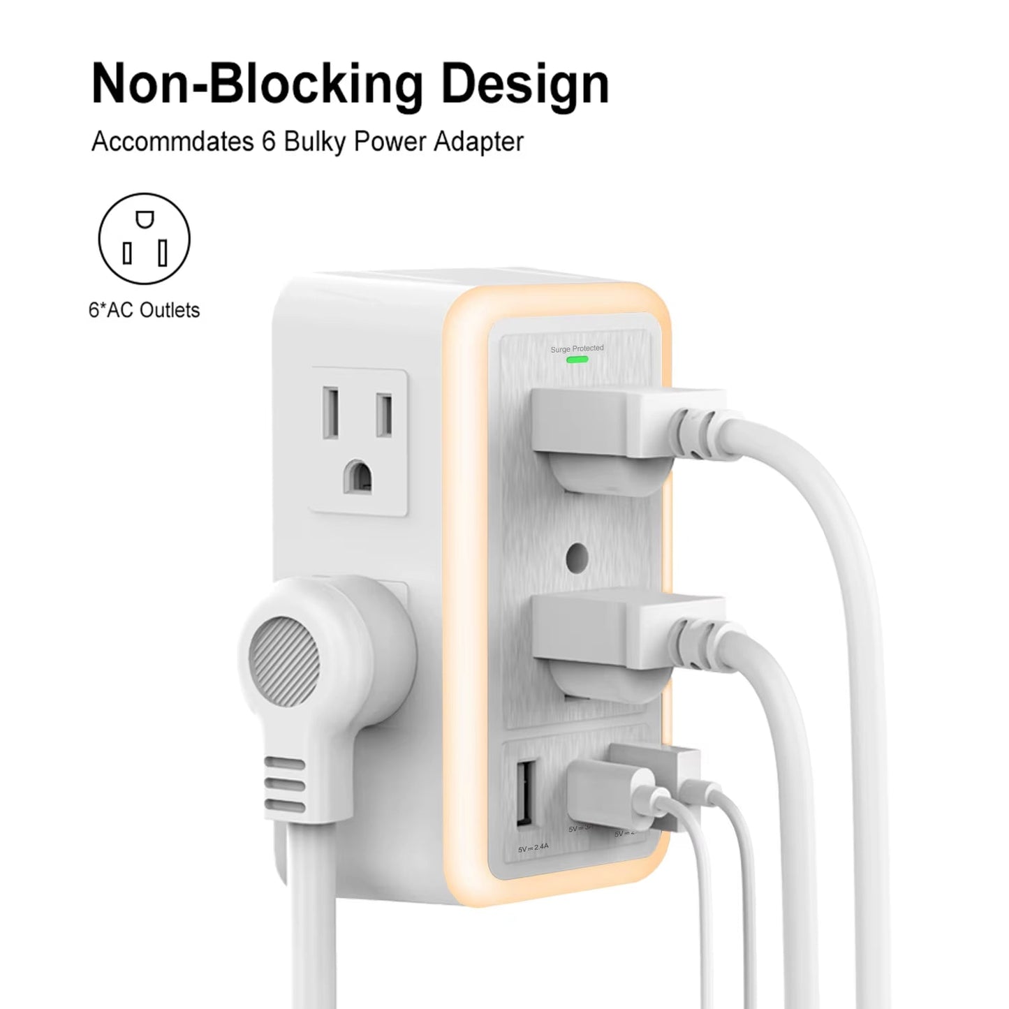 6-Outlet USB Wall Charger Extender – Surge Protected with USB-C, 3 USB Ports & Built-In Night Light - Roots & Rooms