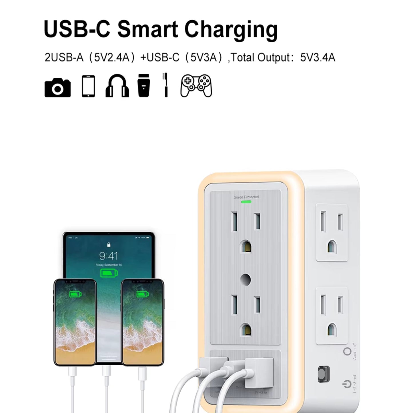 6-Outlet USB Wall Charger Extender – Surge Protected with USB-C, 3 USB Ports & Built-In Night Light - Roots & Rooms