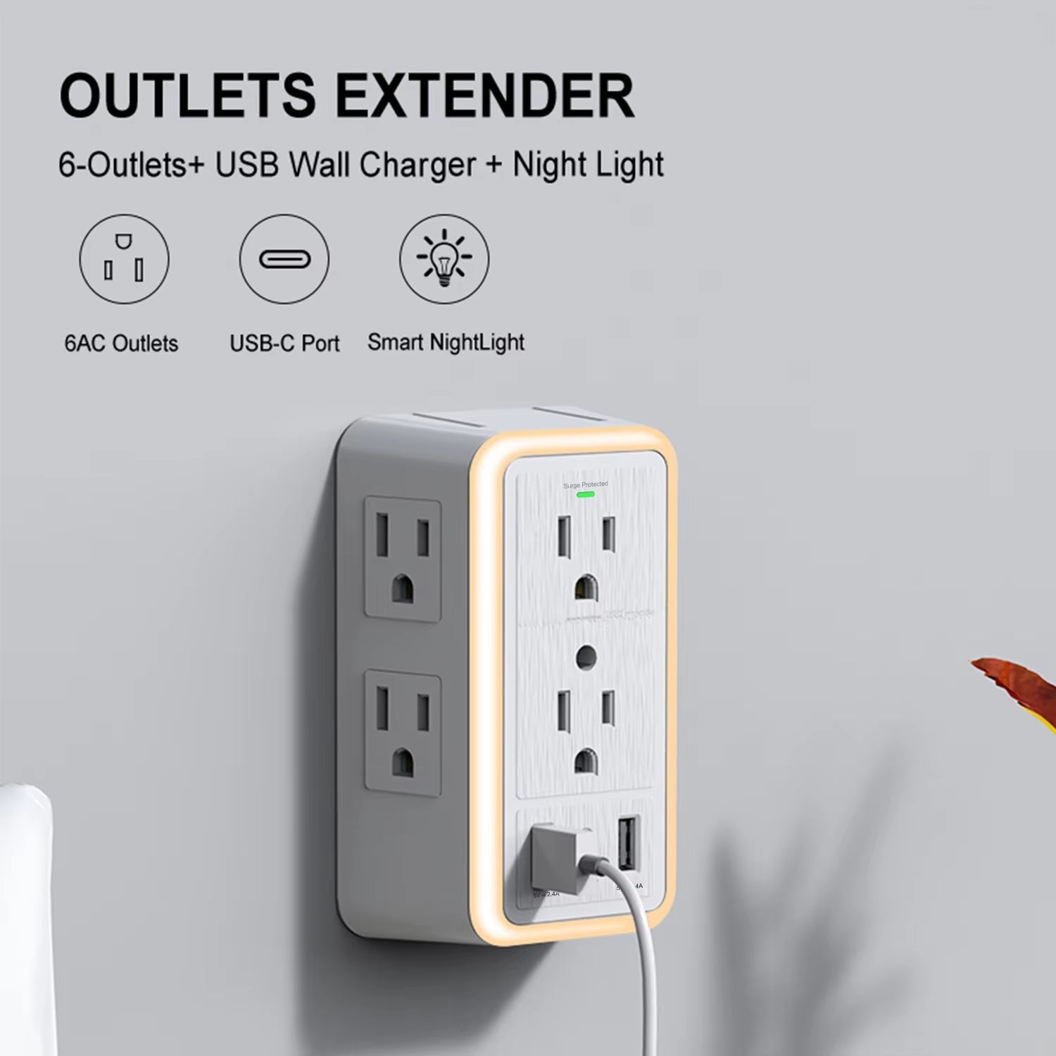 6-Outlet USB Wall Charger Extender – Surge Protected with USB-C, 3 USB Ports & Built-In Night Light - Roots & Rooms