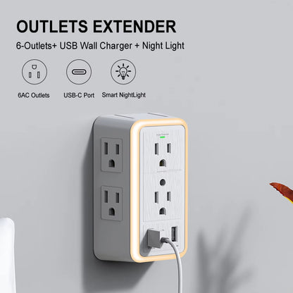 6-Outlet USB Wall Charger Extender – Surge Protected with USB-C, 3 USB Ports & Built-In Night Light - Roots & Rooms