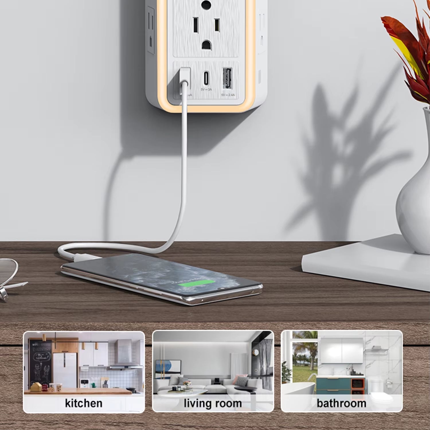 6-Outlet USB Wall Charger Extender – Surge Protected with USB-C, 3 USB Ports & Built-In Night Light - Roots & Rooms