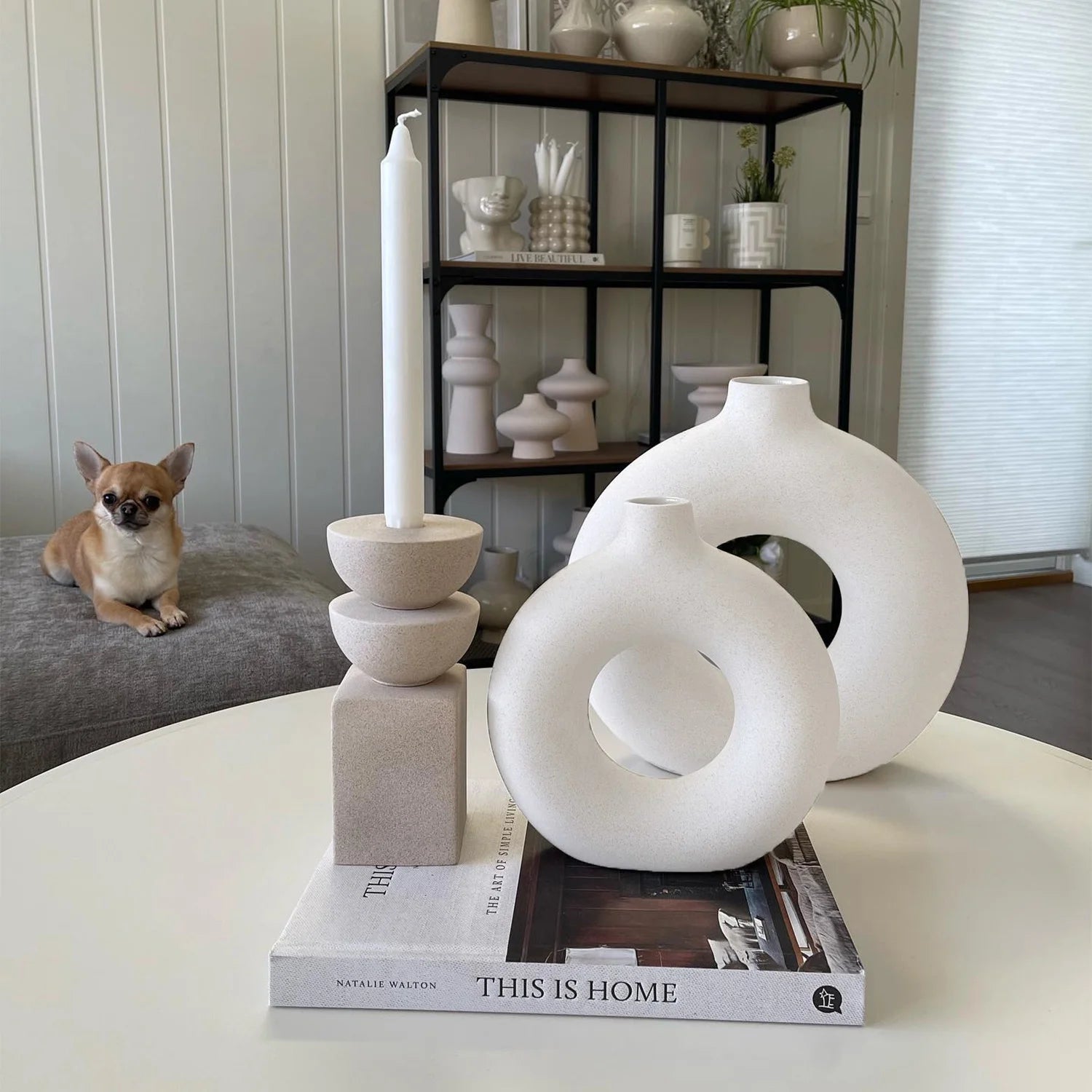 2-Piece Farmhouse Style Ceramic Donut Vase Set - Roots & Rooms
