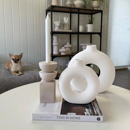 2-Piece Farmhouse Style Ceramic Donut Vase Set - Roots & Rooms