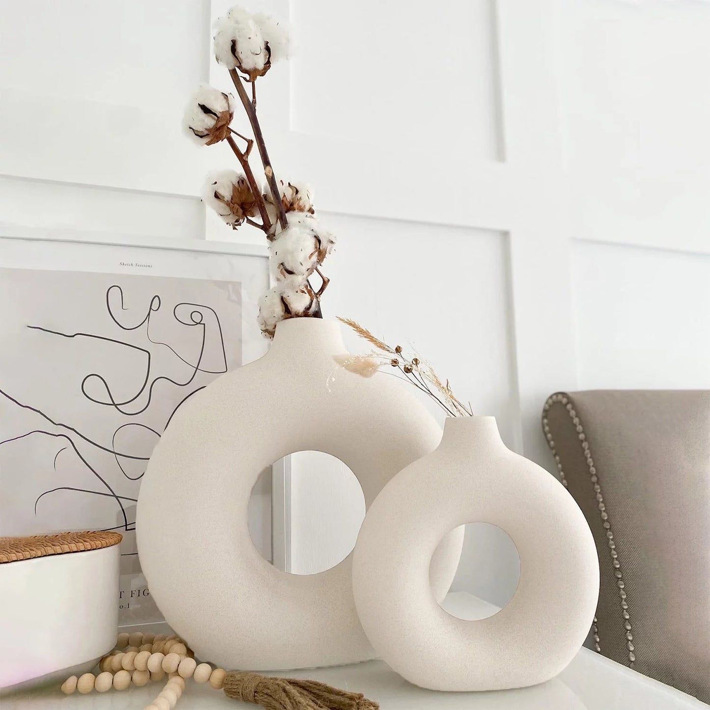 2-Piece Farmhouse Style Ceramic Donut Vase Set - Roots & Rooms