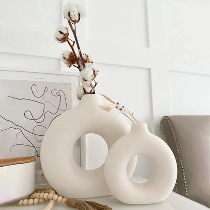 2-Piece Farmhouse Style Ceramic Donut Vase Set - Roots & Rooms