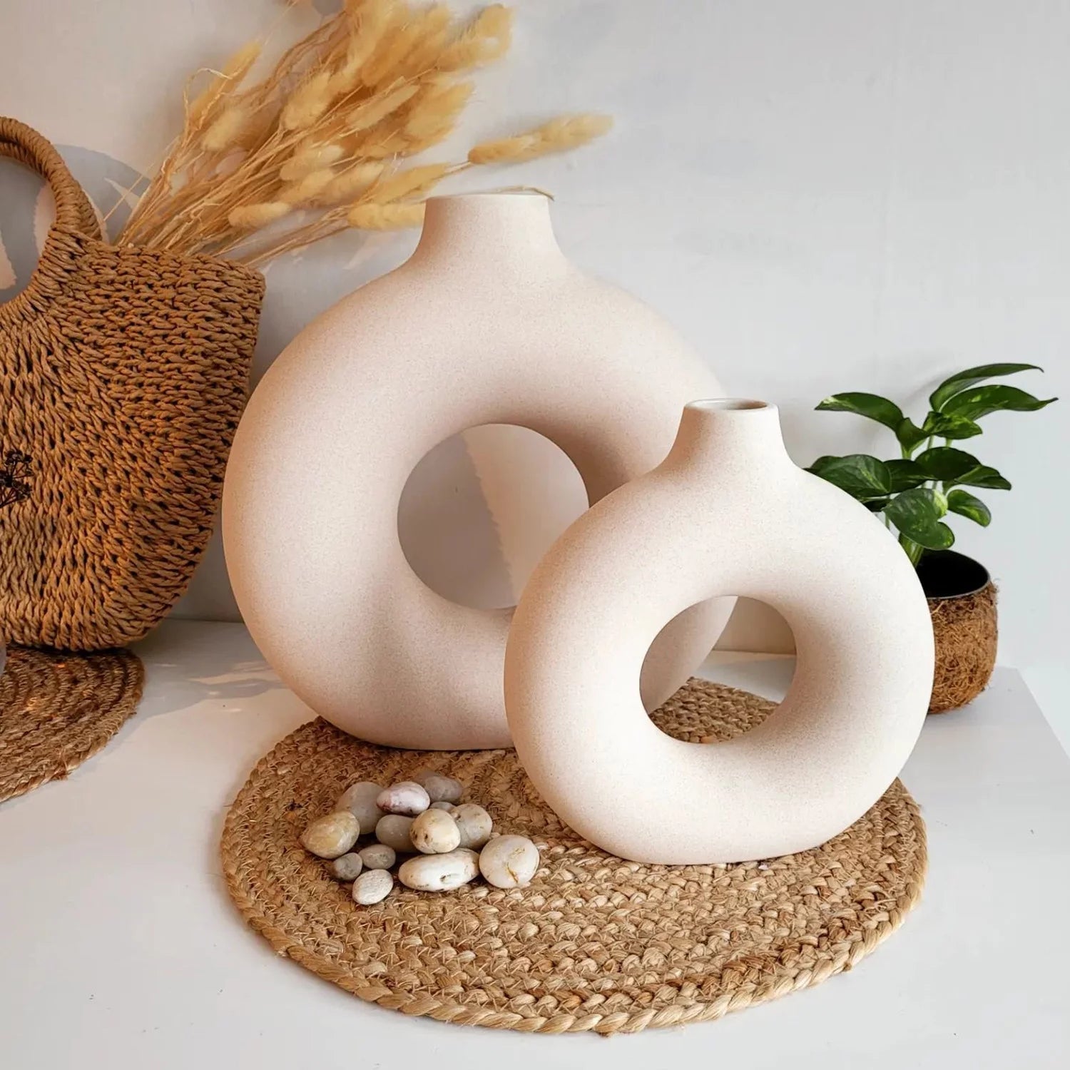 2-Piece Farmhouse Style Ceramic Donut Vase Set - Roots & Rooms