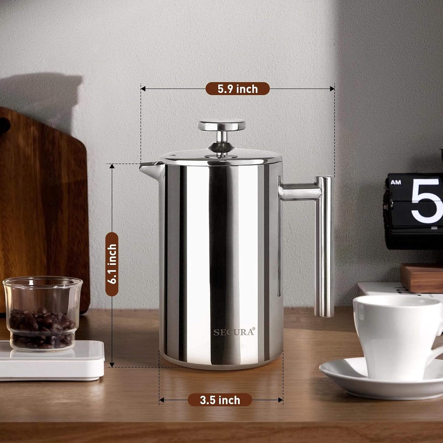 12oz Insulated Stainless Steel French Press - 304 Grade Steel - Roots & Rooms