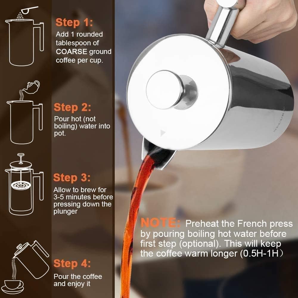 12oz Insulated Stainless Steel French Press - 304 Grade Steel - Roots & Rooms