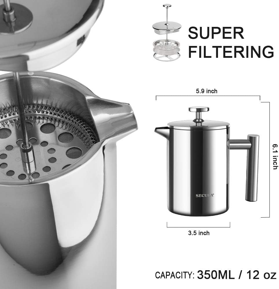12oz Insulated Stainless Steel French Press - 304 Grade Steel - Roots & Rooms