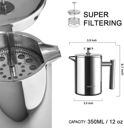 12oz Insulated Stainless Steel French Press - 304 Grade Steel - Roots & Rooms