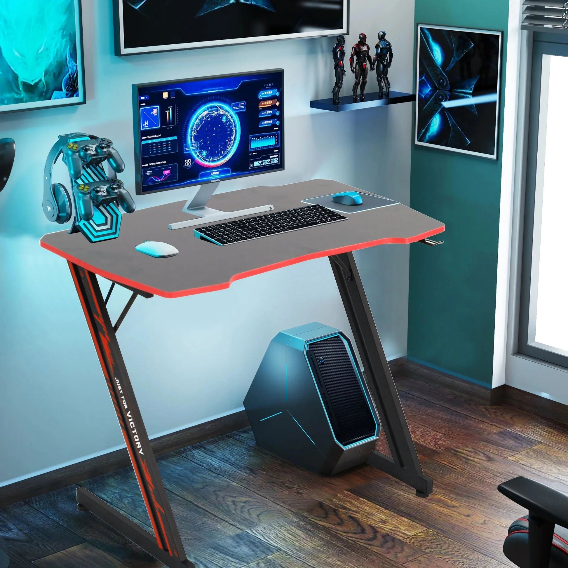 Gaming Z Shaped Desk with Headphone Hook, Blue - Roots & Rooms