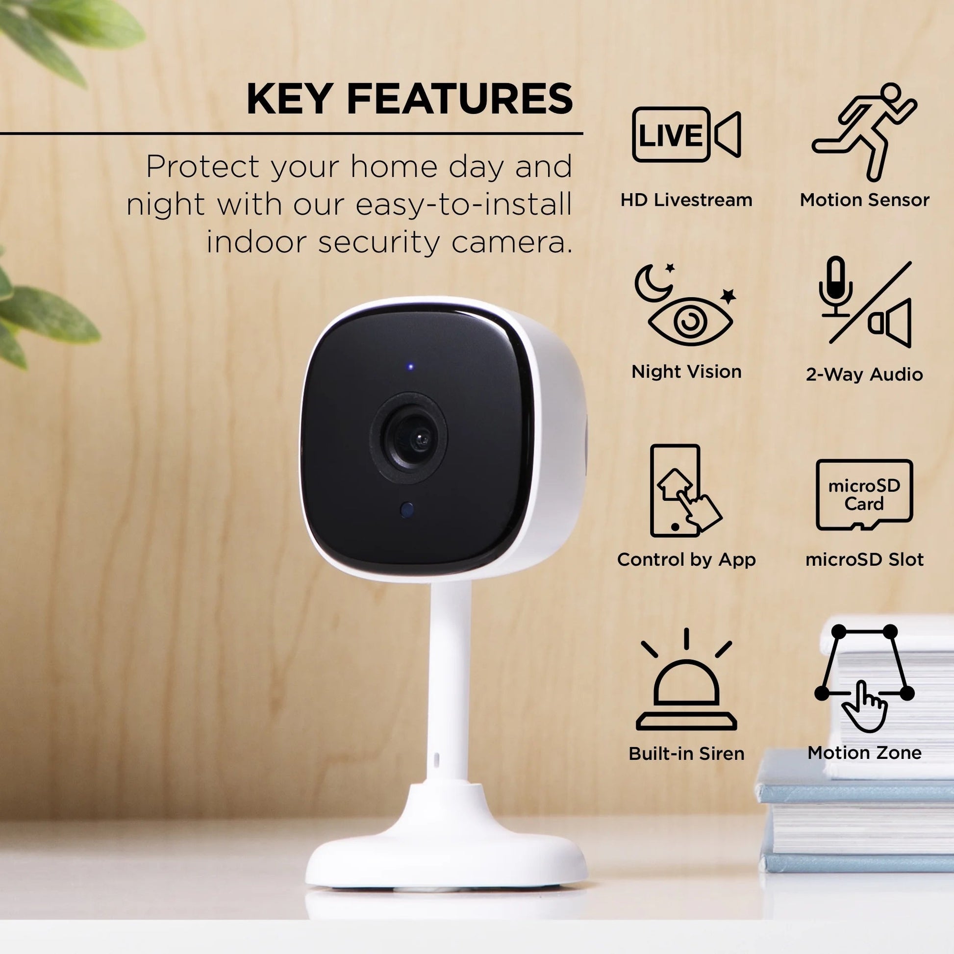 Indoor Camera 1080P - Wi-Fi Security Cam with Night Vision, White (1-Pack) - Roots & Rooms