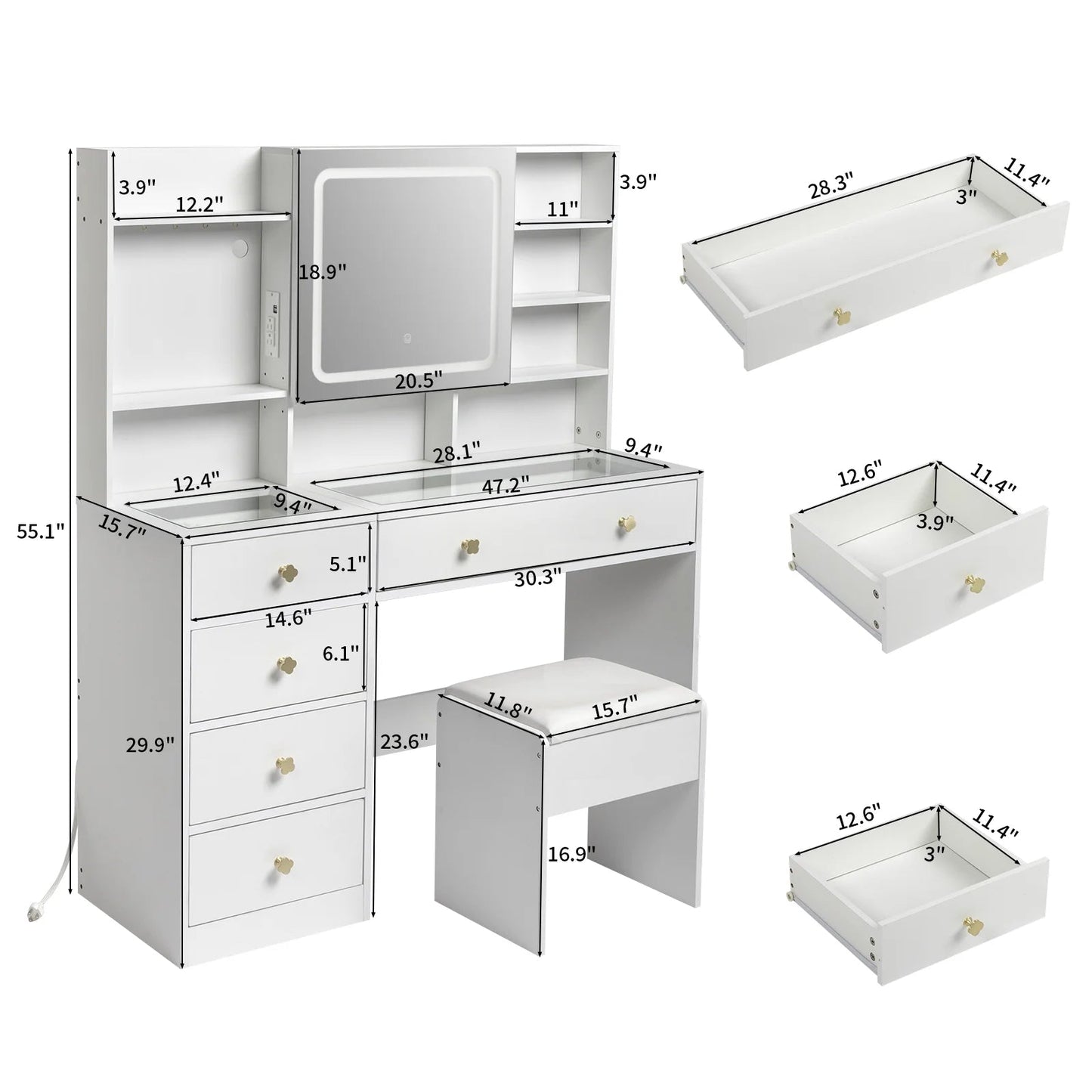 47.2" Modern Vanity Desk with LED Lights & Drawers - Roots & Rooms
