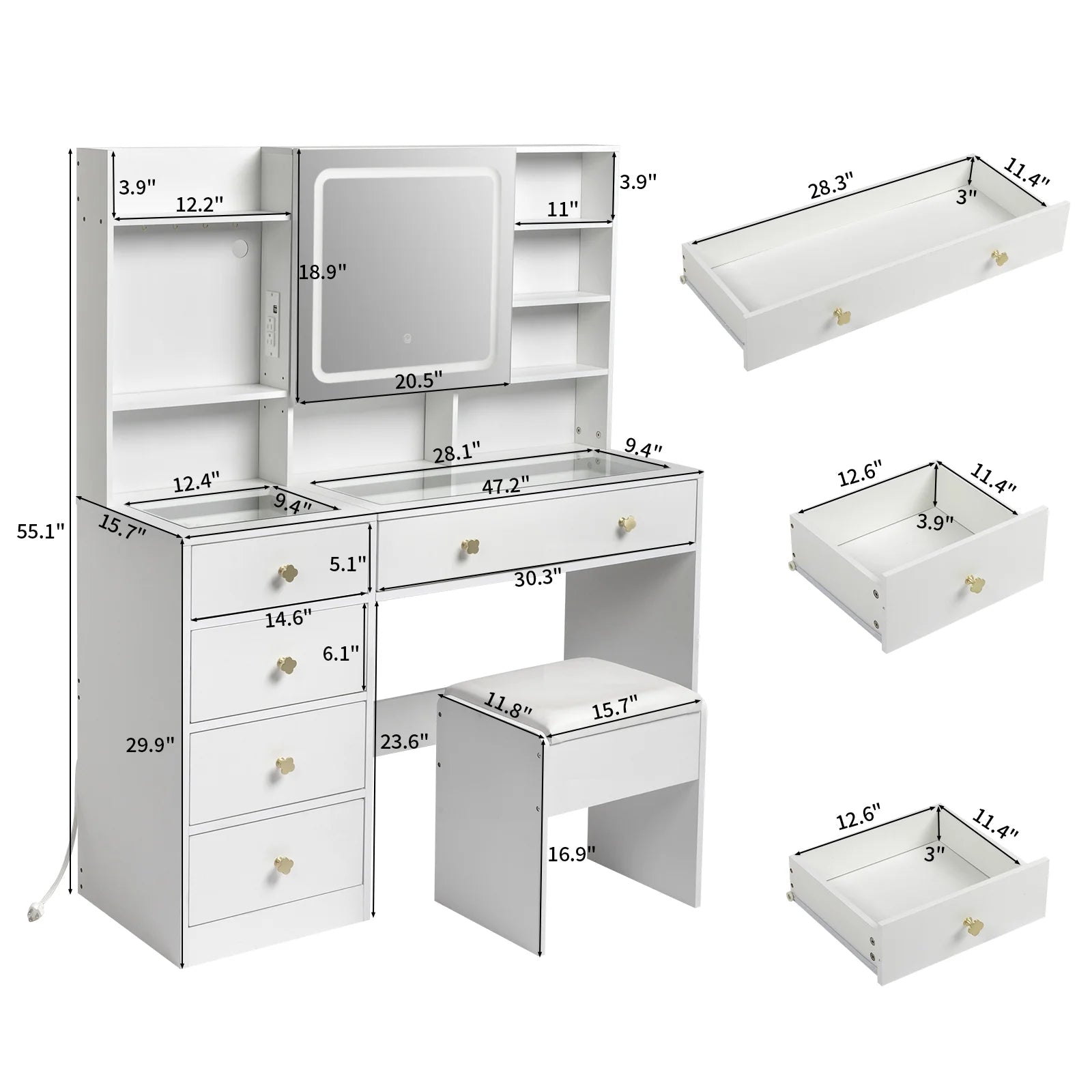 47.2" Modern Vanity Desk with LED Lights & Drawers - Roots & Rooms