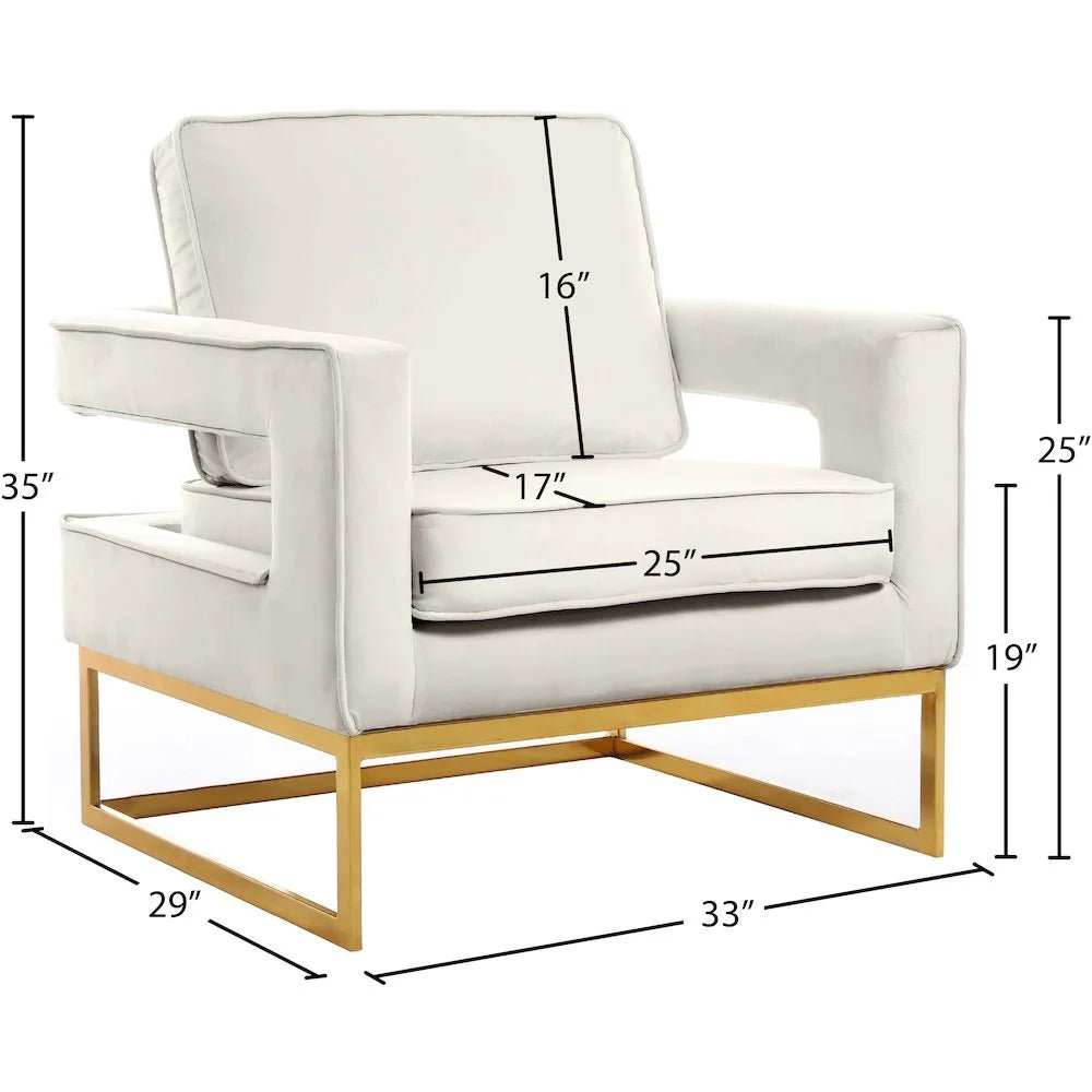 Noah Cream Velvet Accent Chair with Gold Iron Base - Roots & Rooms