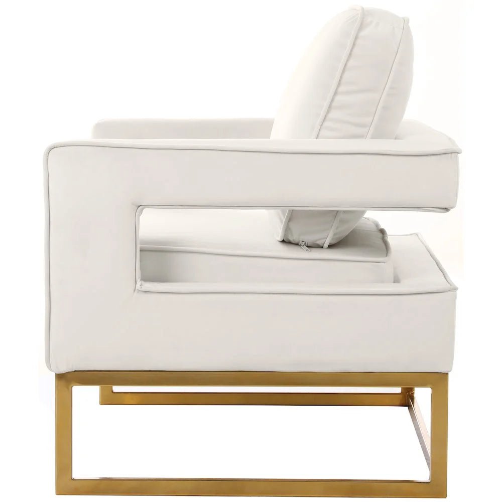 Noah Cream Velvet Accent Chair with Gold Iron Base - Roots & Rooms