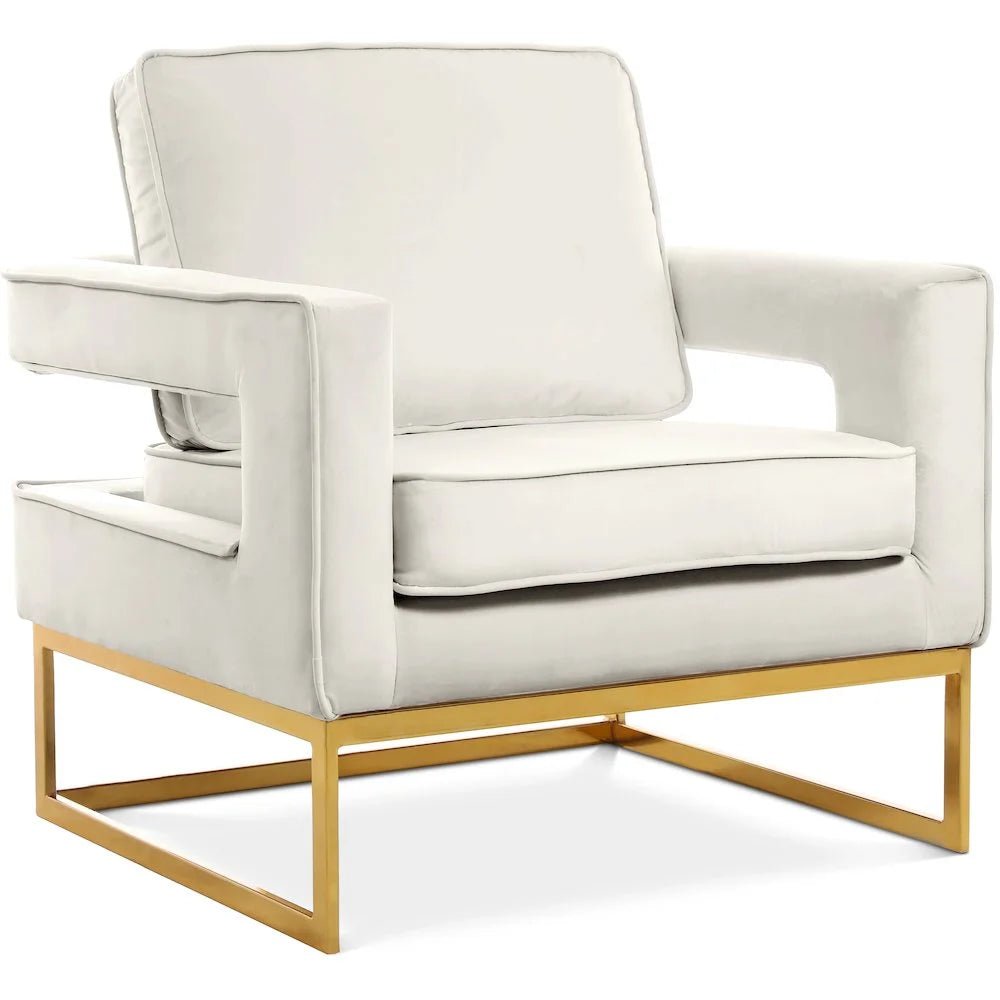 Noah Cream Velvet Accent Chair with Gold Iron Base - Roots & Rooms