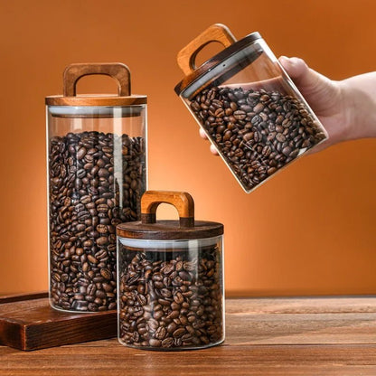 SealNest™ Glass Storage Jar with Wooden Lid – Airtight Kitchen Canister for Coffee, Tea, Spices & More - Roots & Rooms