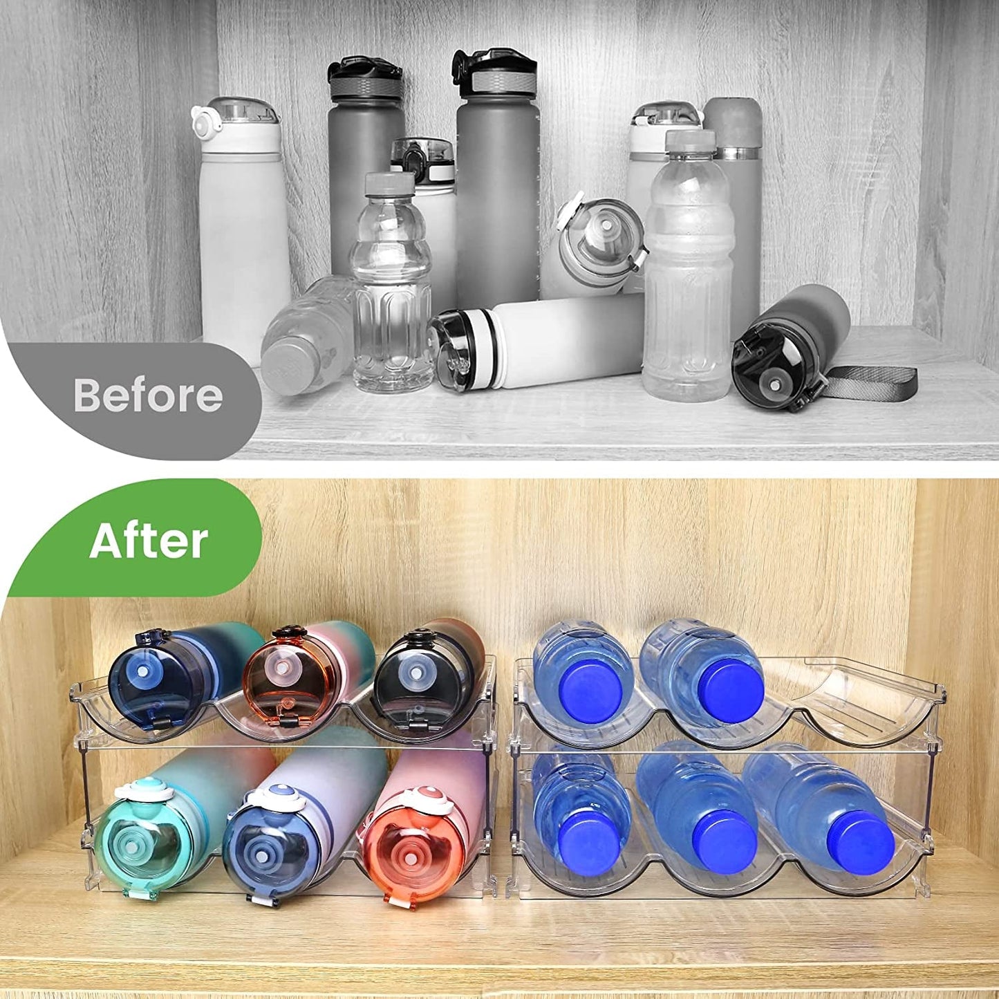BPA Free Water Bottle Holder - Stackable Cabinet Storage - Roots & Rooms